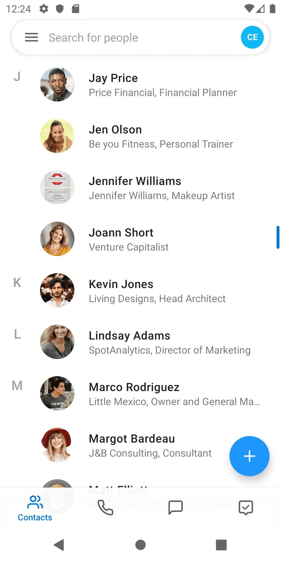 ContactsPlus interface showing easy access to organized contact lists