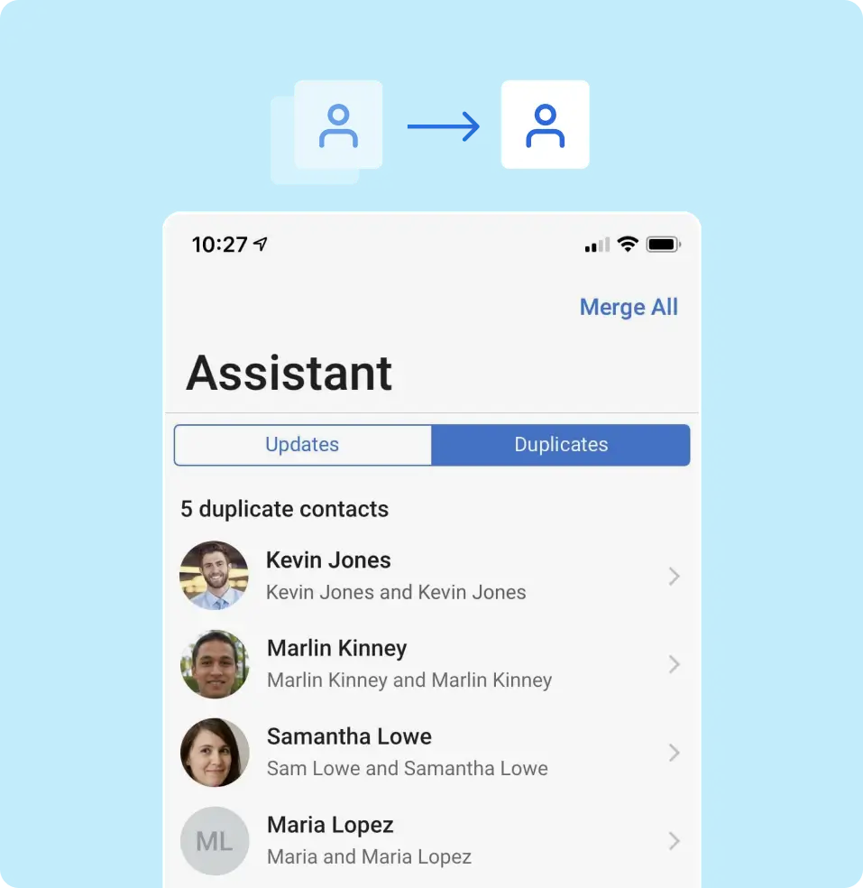 ContactsPlus app identifying and merging duplicate contacts to clean and organize the contact list