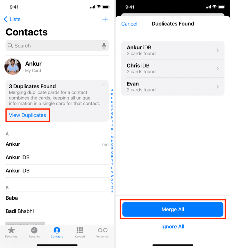 View Duplicates in iPhone Contacts and Merge All