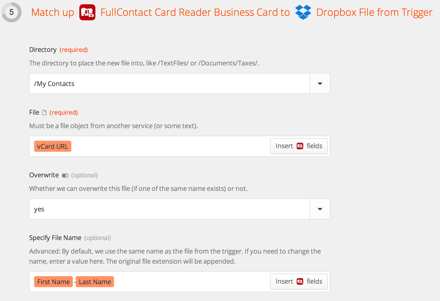 Map Business Card Contact to Dropbox