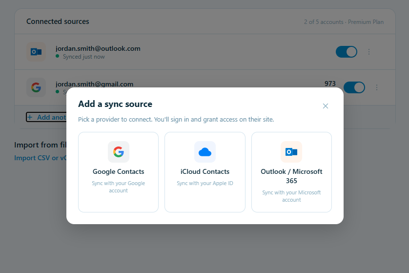 ContactsPlus Sync Sources screen showing Google, iCloud and Outlook connection options