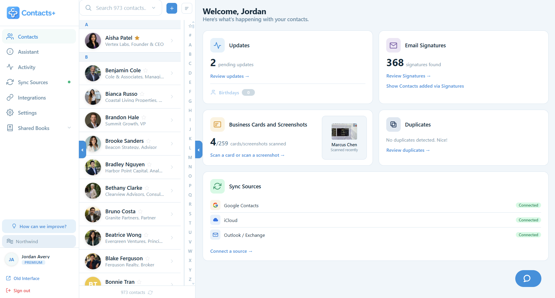 ContactsPlus dashboard showing a unified address book full of contacts