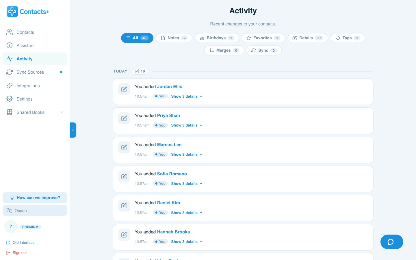ContactsPlus Activity feed on desktop