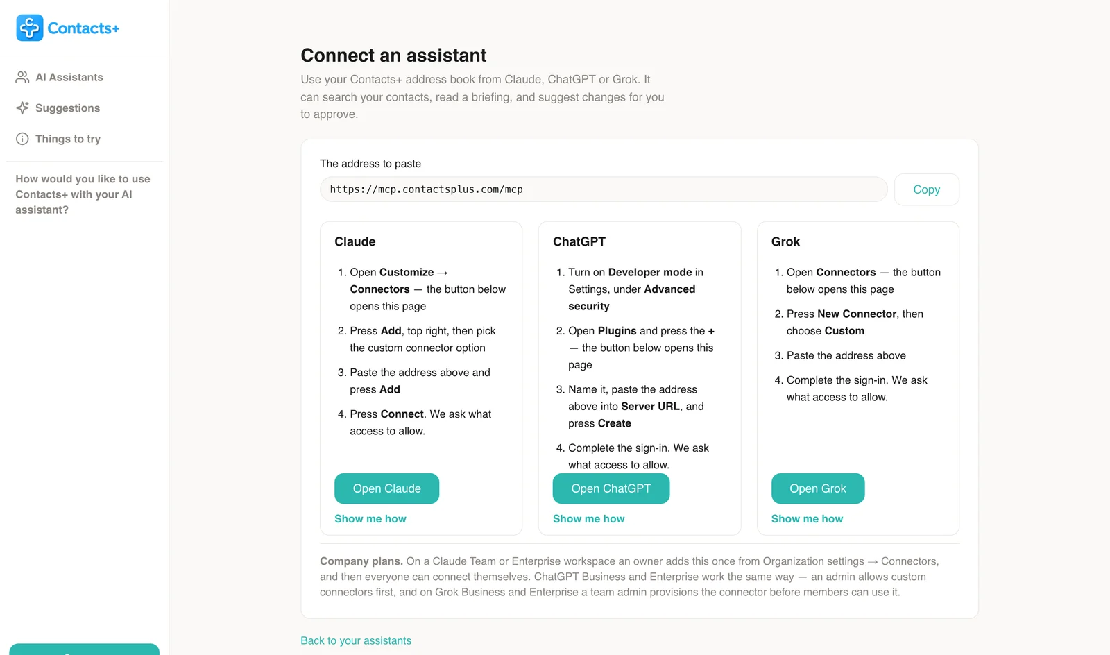 The ContactsPlus Connect an assistant page: one server address to copy, https://mcp.contactsplus.com/mcp, and side-by-side setup steps for Claude, ChatGPT and Grok, each with an Open button and a Show me how guide.