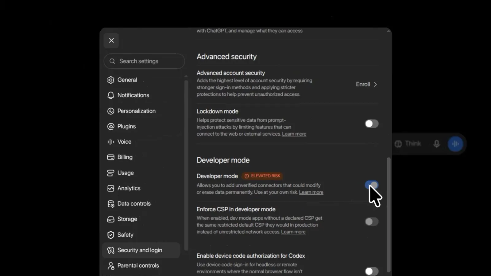 ChatGPT, step 1: Settings, Security and login, with the Developer mode switch turned on.