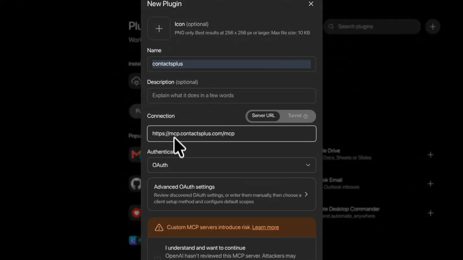 ChatGPT, step 2: the New Plugin form with the name contactsplus and https://mcp.contactsplus.com/mcp in the Server URL field.