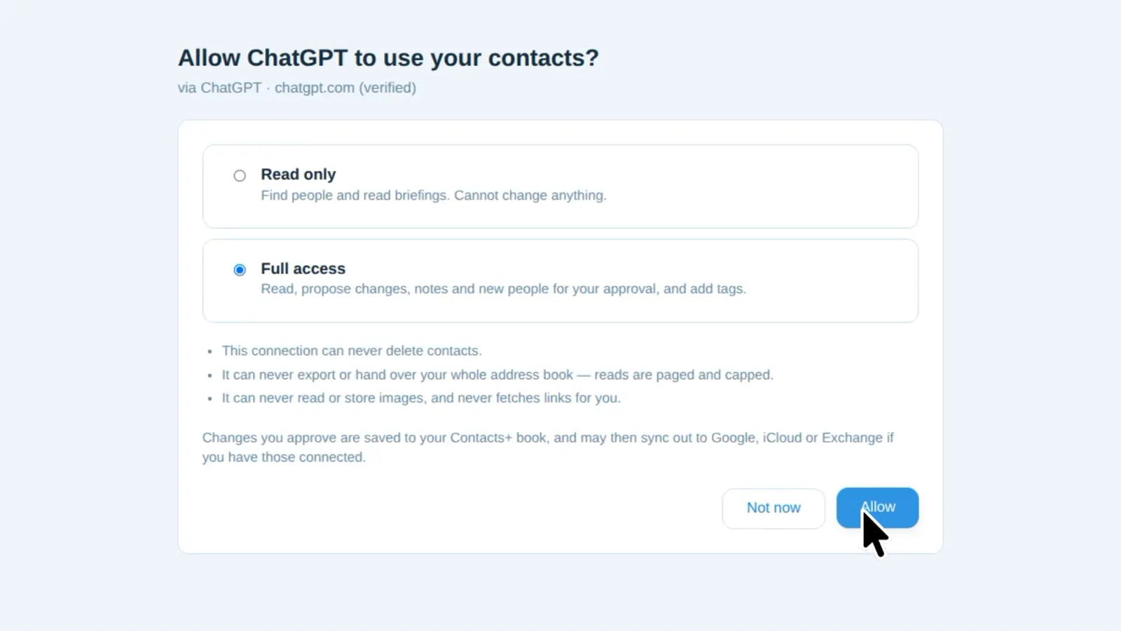 ChatGPT, step 4: the ContactsPlus consent screen, Allow ChatGPT to use your contacts?, with Read only and Full access options.