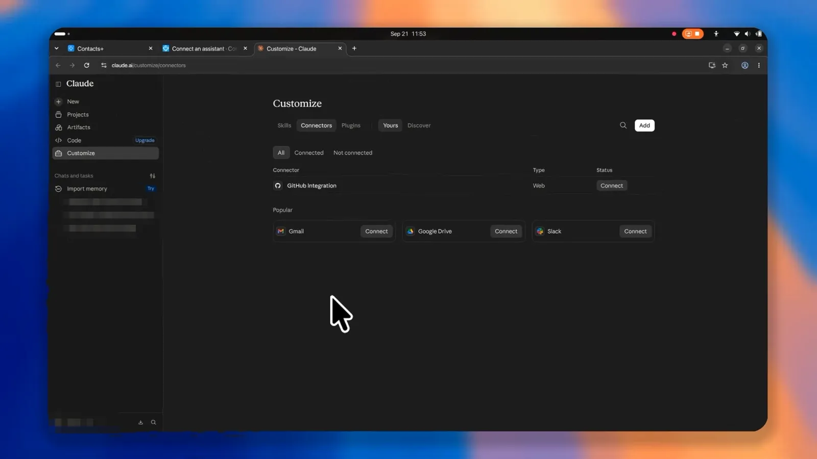 Claude, step 1: the Customize page with the Connectors tab open.