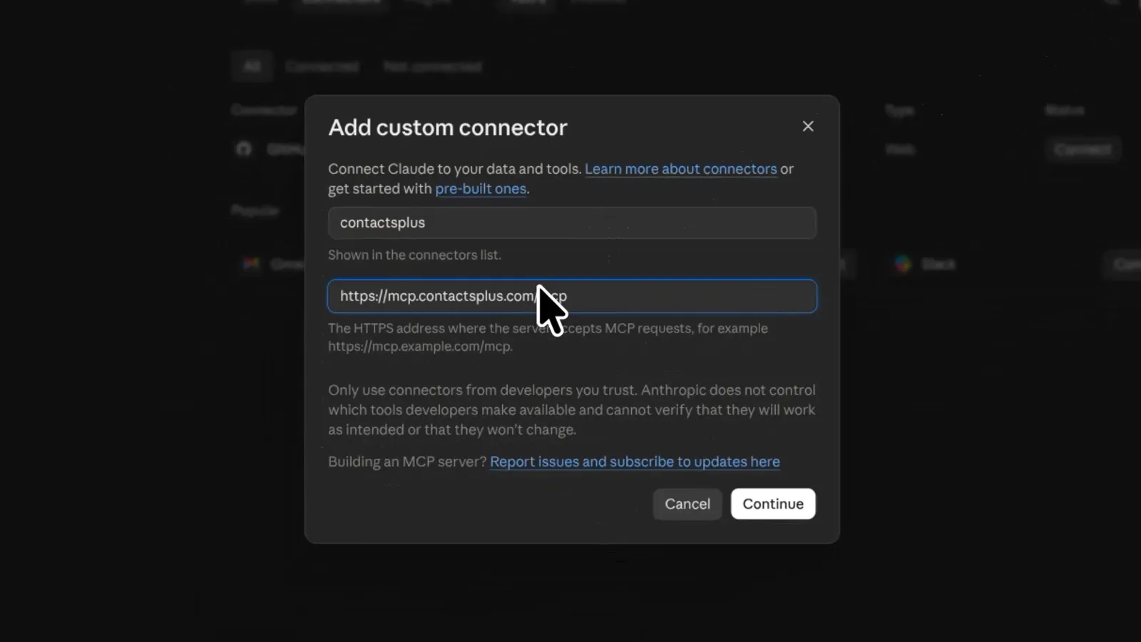 Claude, step 2: the Add custom connector dialog with the name contactsplus and the address https://mcp.contactsplus.com/mcp pasted in.