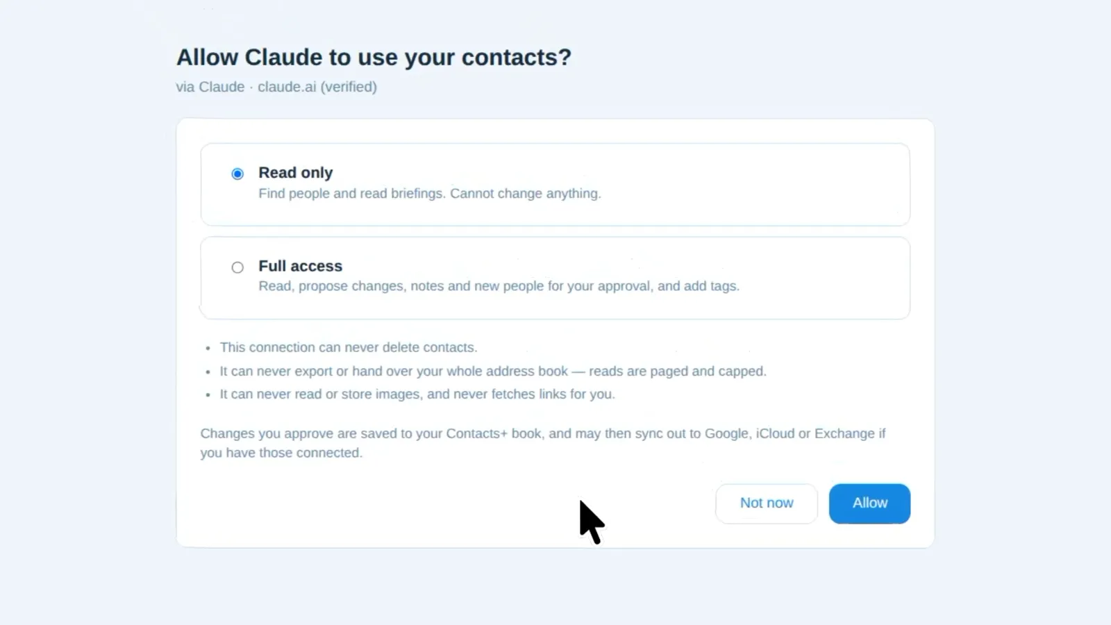 The ContactsPlus consent screen, Allow Claude to use your contacts?, offering Read only or Full access, and stating the connection can never delete contacts, can never export the whole address book, and never reads or stores images.