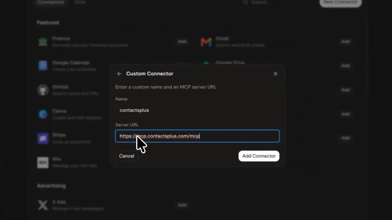 Grok, step 2: the Custom Connector dialog with the name contactsplus and https://mcp.contactsplus.com/mcp as the server URL.