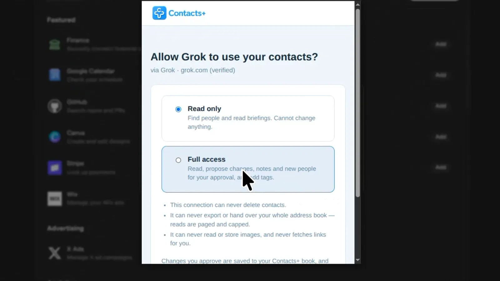 Grok, step 3: the ContactsPlus consent screen, Allow Grok to use your contacts?, with Read only and Full access options.