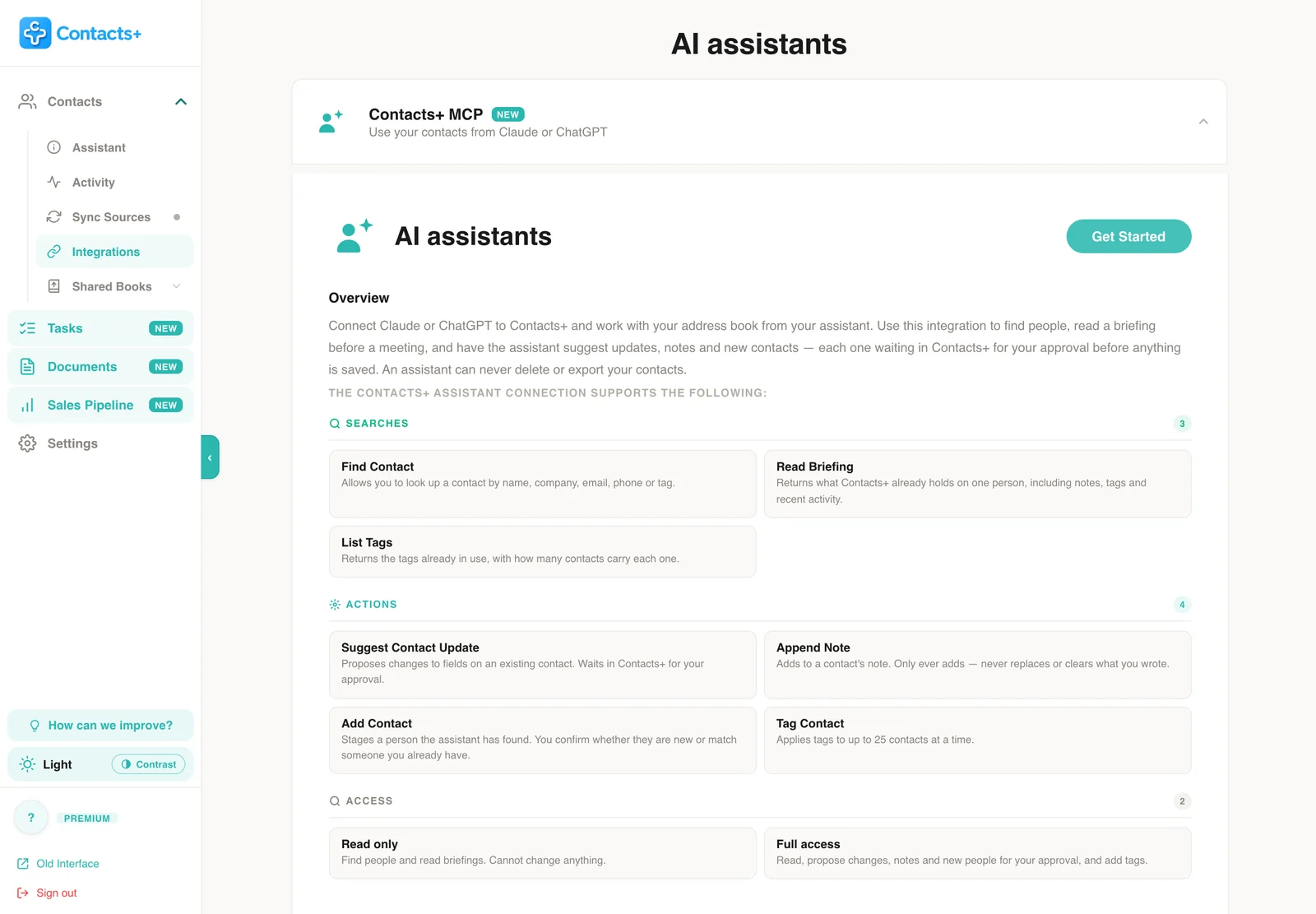 The Integrations page in the ContactsPlus app with the AI assistants integration open: an overview, the three searches, four actions and two access levels it supports, and a Get Started button.