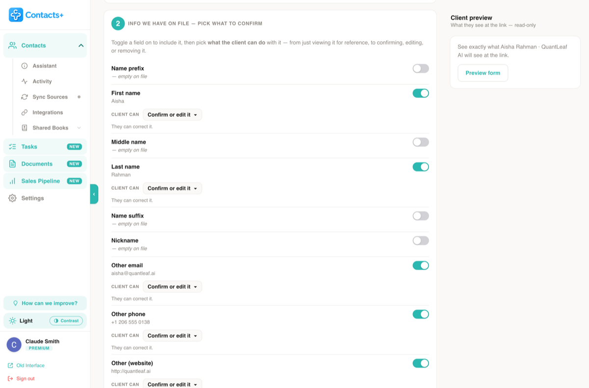 Step 2 of the builder, Info we have on file: each field has a toggle and a Client can setting such as Confirm or edit it, with empty fields marked empty on file.
