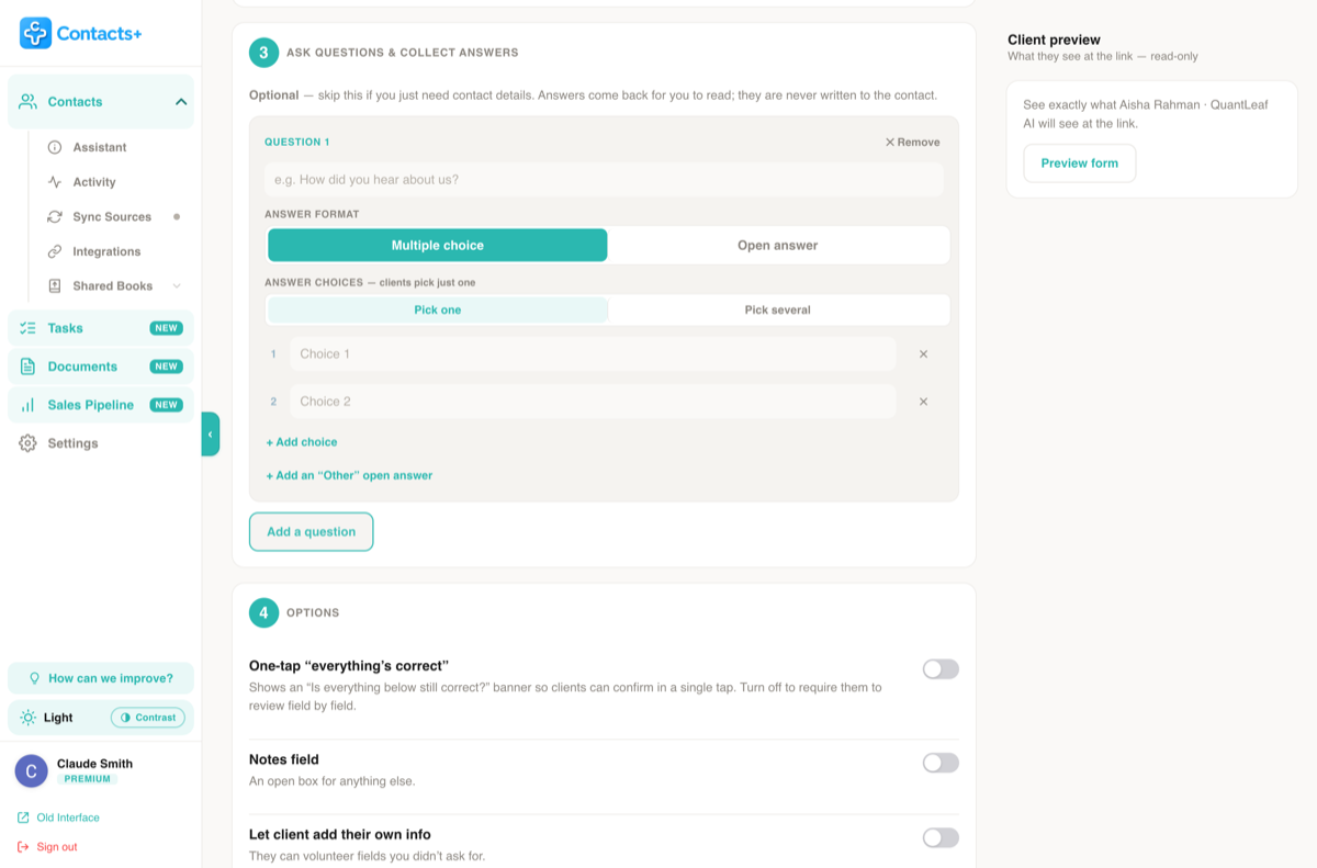 Step 3 of the builder, Ask questions and collect answers: a question with a Multiple choice or Open answer format, Pick one or Pick several, answer choices and an Add an Other open answer link.