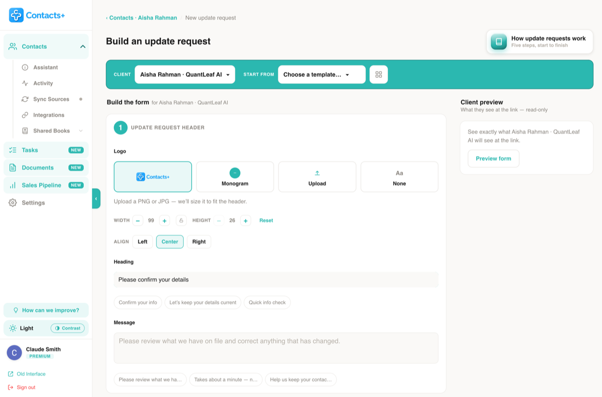 The ContactsPlus update request builder with a client chosen, showing the form header options (logo, heading and message) and a Client preview panel.