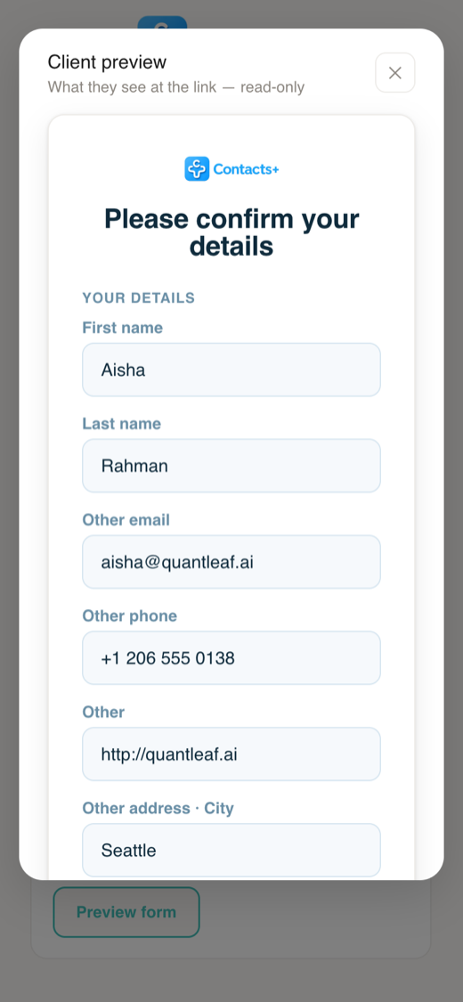 The same update request form on a phone screen, with large prefilled fields.
