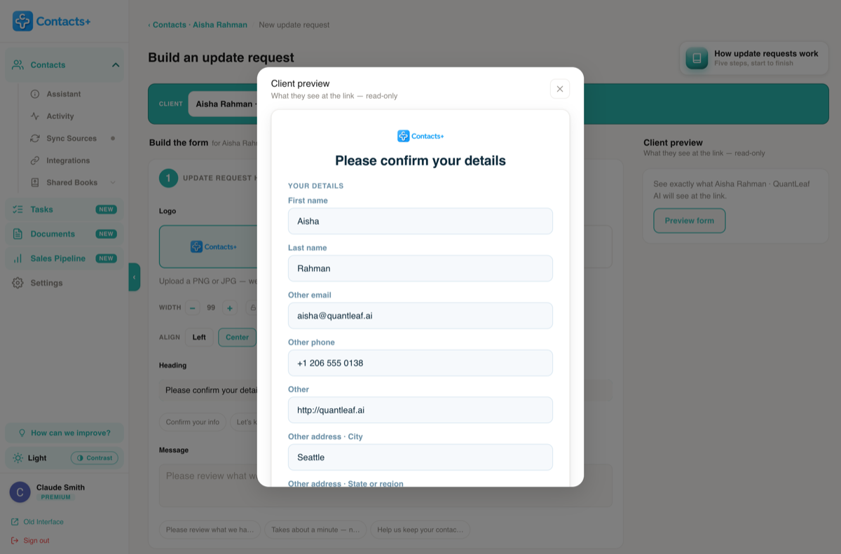 The Client preview of an update request: a Please confirm your details form prefilled with the client's first name, last name, email, phone, website and city.