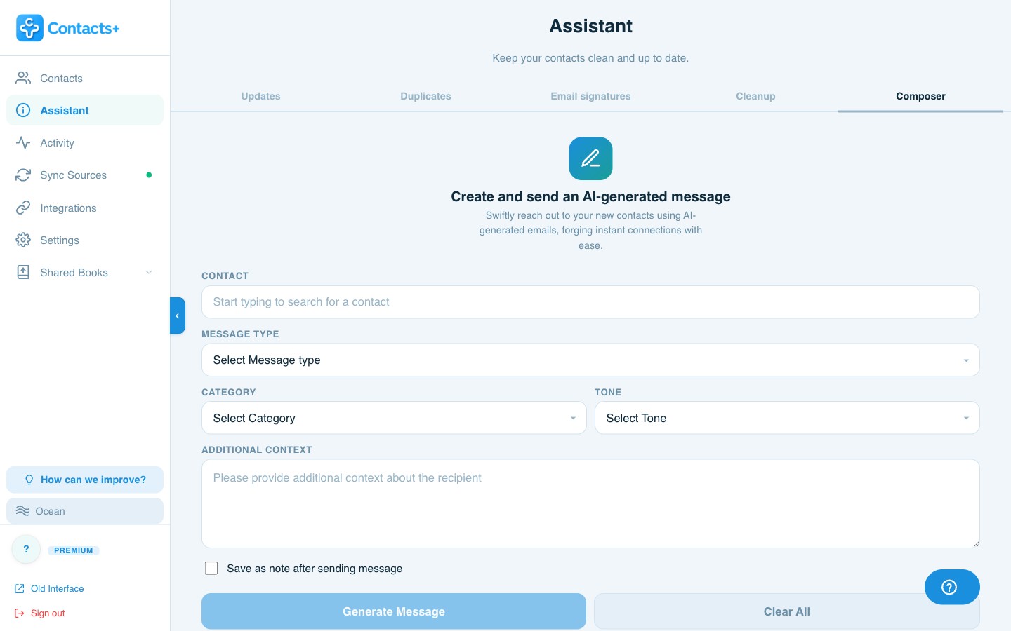 ContactsPlus Composer drafting an AI message on desktop