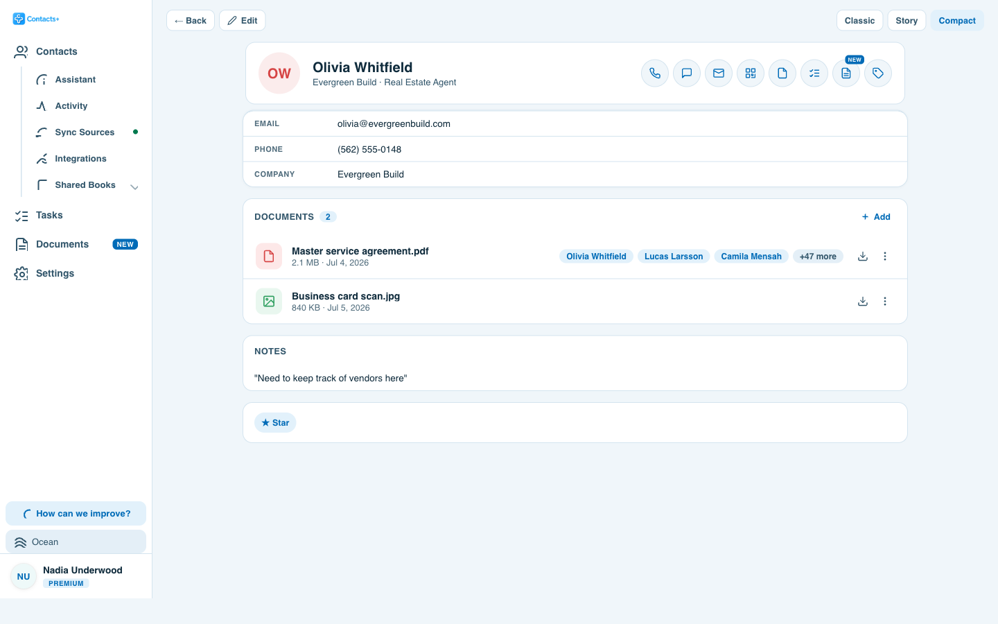 The same contact in the Compact layout, with a round icon-only Documents action alongside the other quick actions.