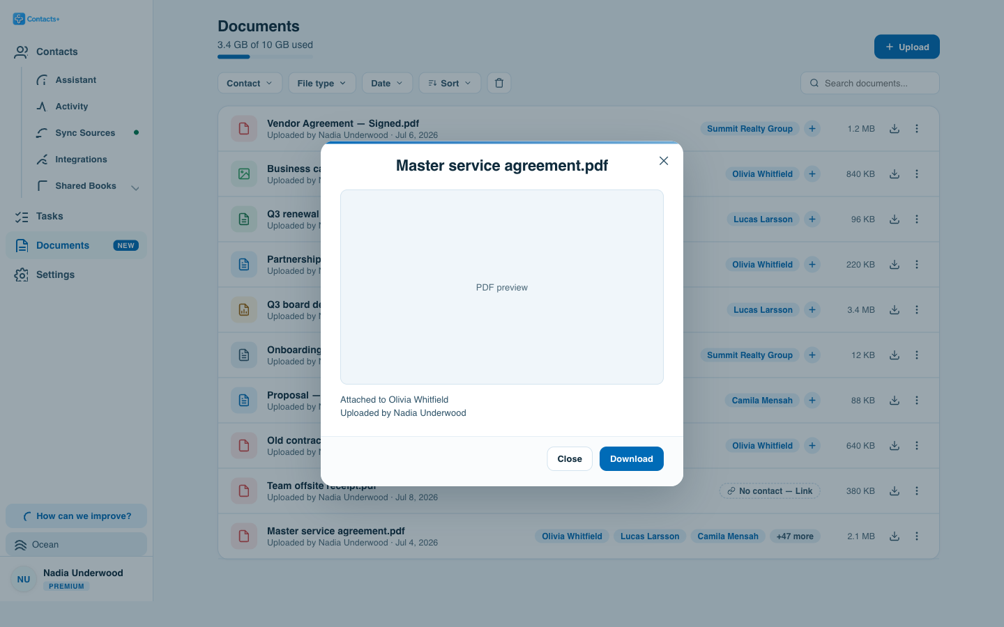 A PDF preview opened over the Documents library, showing the file without downloading it first.