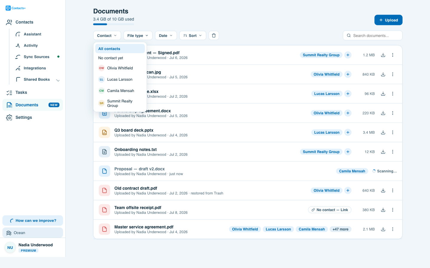The Documents library with the Contact filter menu open, narrowing the list to files linked to a chosen contact.