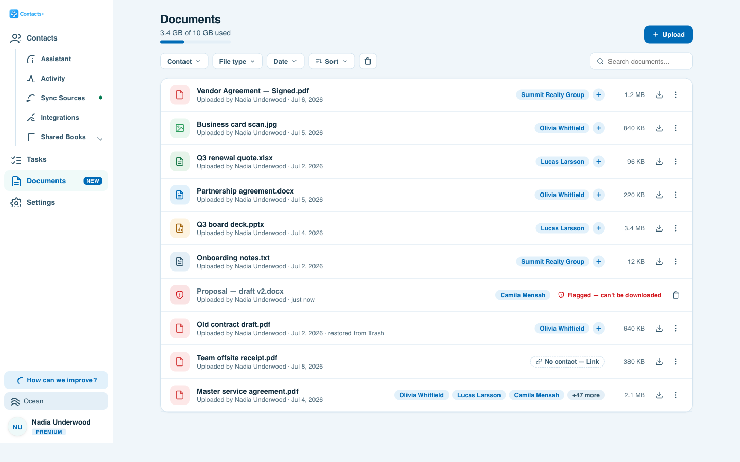 The Documents library with one row flagged by the virus scan and clearly marked as quarantined, while the other files remain available.