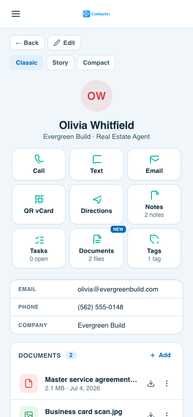 A contact record on a phone showing its Documents section with the files attached to that person.