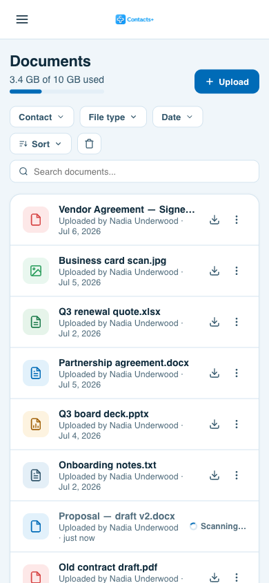 The Documents library on a phone, with the storage meter, filter and sort pills, a search field and the file list stacked in a single column.