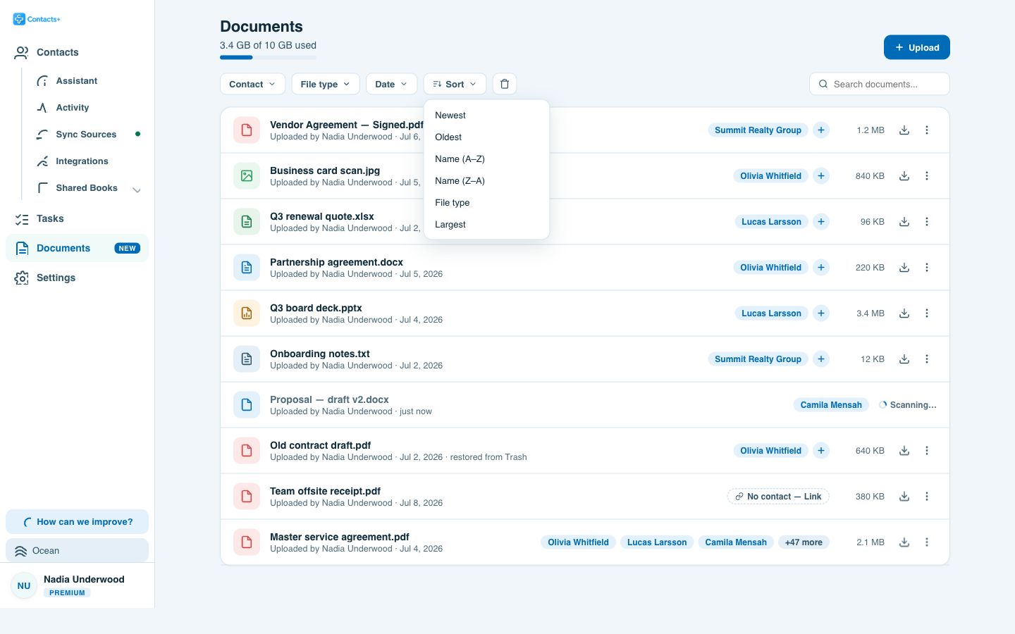 The Documents library Sort menu offering Newest, Oldest, Name A to Z, Name Z to A, File type and Largest.