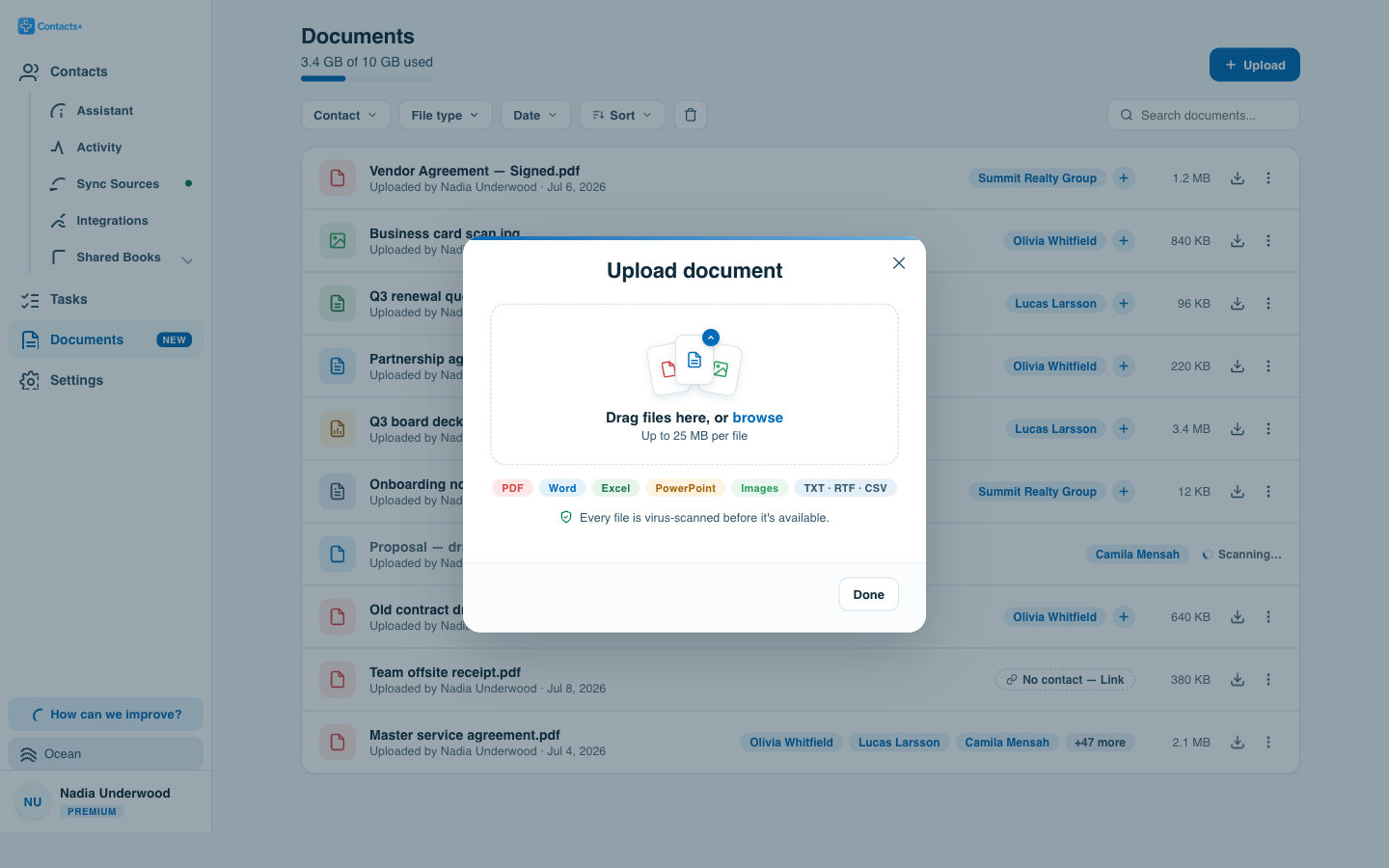 The Upload document dialog: a drag-and-drop area reading Drag files here or browse, up to 25 MB per file, with chips for PDF, Word, Excel, PowerPoint, Images and TXT/RTF/CSV, and a note that every file is virus-scanned before it is available.