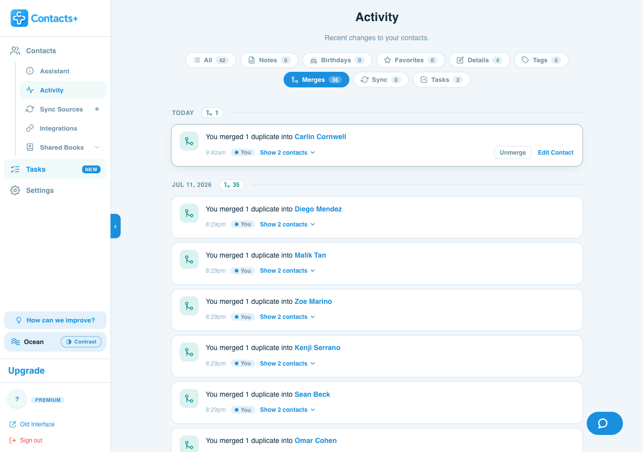 The ContactsPlus activity history showing a merge with an Unmerge control beside it