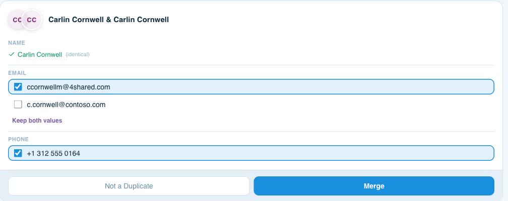 A duplicate group in ContactsPlus with each conflicting field shown separately and a Keep both values option
