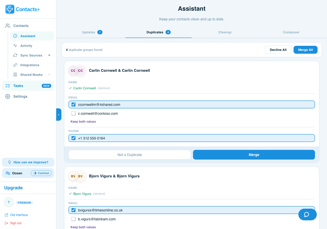 ContactsPlus showing duplicate contact groups matched across Google, iCloud and Outlook