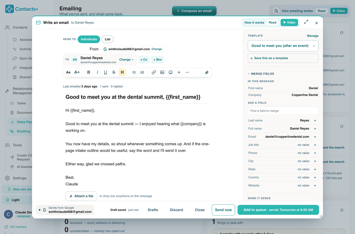 Writing an email to a contact from a connected Gmail account, with a template and the contact&rsquo;s first name and company filled in as merge fields