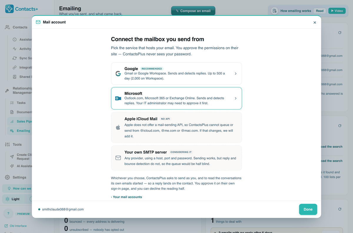 Connect the mailbox you send from: Google (recommended) for Gmail or Google Workspace, Microsoft for Outlook.com, Microsoft 365 or Exchange Online, Apple iCloud Mail marked No API, and your own SMTP server marked Considering it.