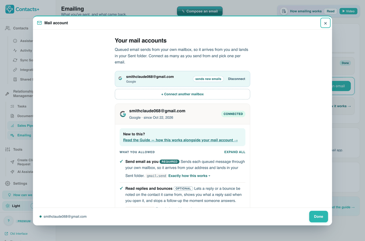 The mail accounts page for a connected Gmail address, listing what you allowed: Send email as you (required), Read replies and bounces (optional) and Keep sending while you are away, each with an explanation.