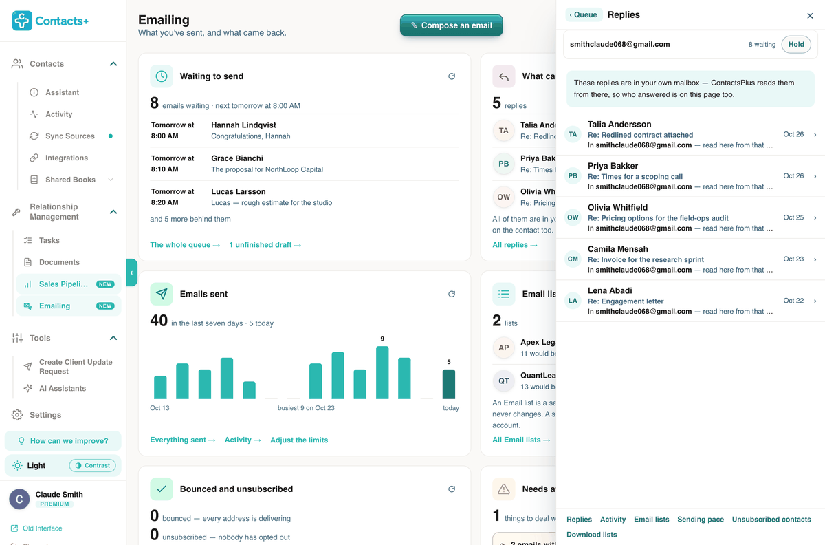 The Replies panel: five replies listed with the contact, the email each one answered and the day it arrived, each readable from the mailbox it came to.