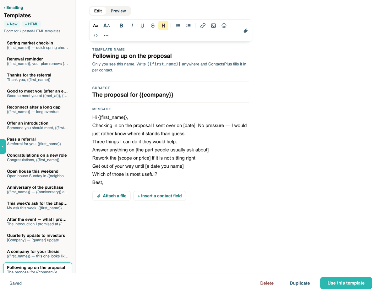 The Templates page: a list of templates such as Renewal reminder, Thanks for the referral and Reconnect after a long gap, with Following up on the proposal open for editing, its subject The proposal for {{company}} and its message.
