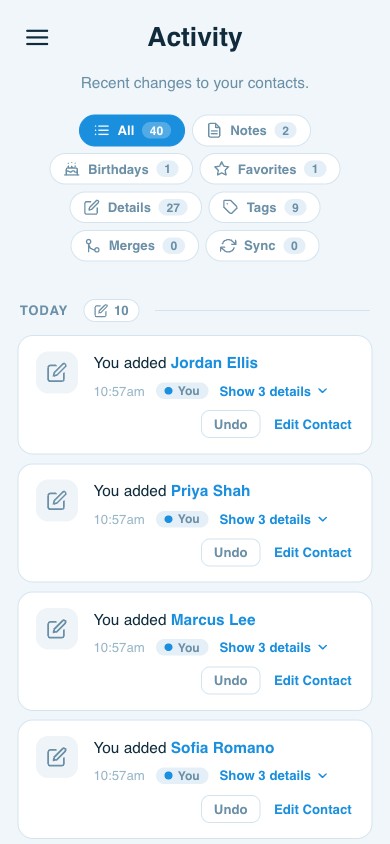 ContactsPlus Activity feed on mobile