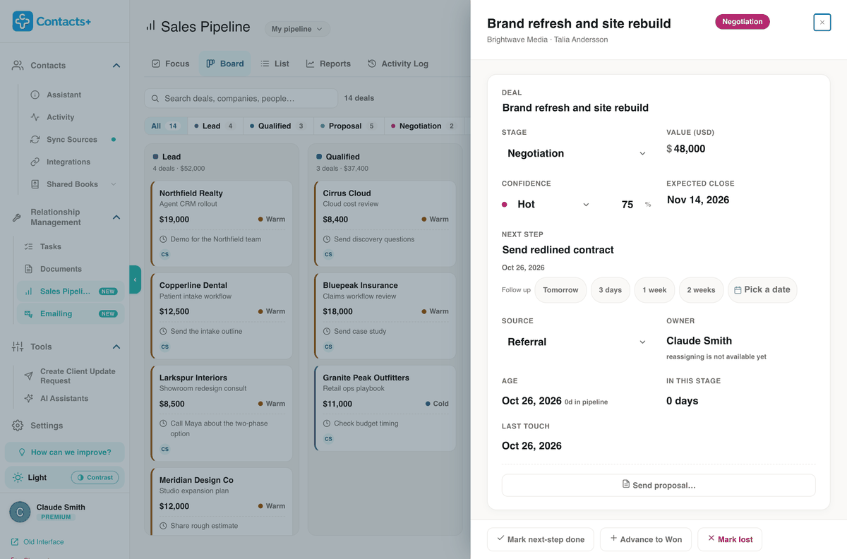 A deal panel for Brand refresh and site rebuild: stage Negotiation, value $48,000, confidence Hot at 75%, expected close Nov 14, next step Send redlined contract with follow-up buttons for tomorrow, 3 days, 1 week and 2 weeks, and a Send proposal button.