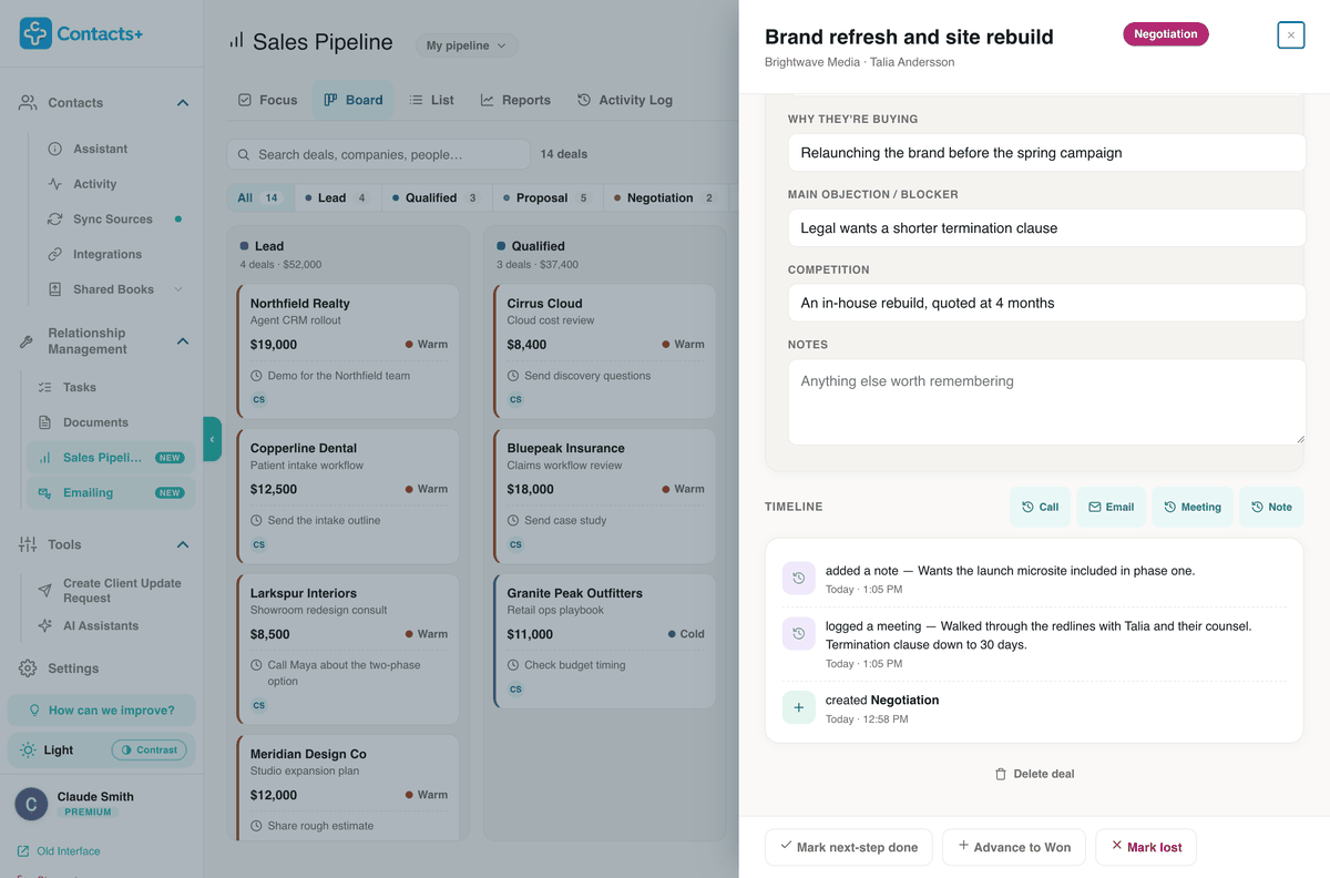 Lower in the same deal: why they're buying, the main objection, the competition and notes, then a timeline with Call, Email, Meeting and Note buttons and two logged entries.