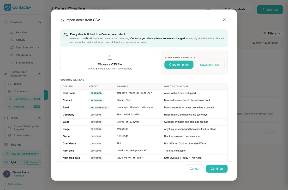 The Import deals from CSV dialog: a file drop area, a template to copy or download, and a table of the columns it reads, from Deal name and Contact (required) to Source.