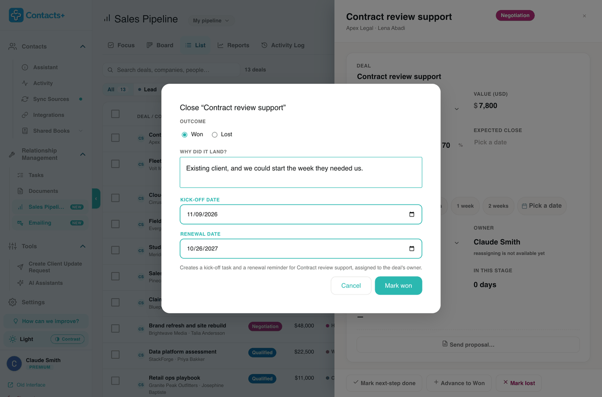 The Close deal dialog with Won selected: a box for why it landed, a kick-off date and a renewal date, and a note that it creates a kick-off task and a renewal reminder assigned to the deal's owner.
