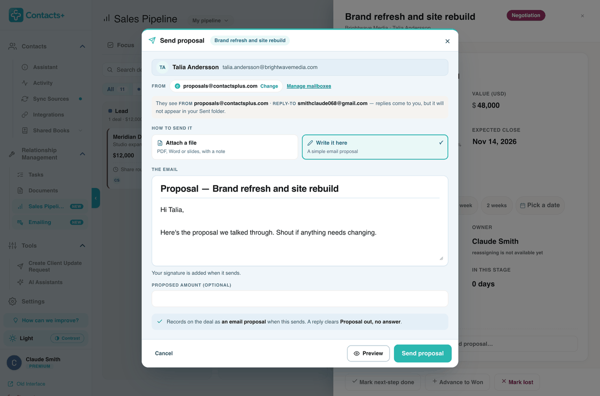 The Send proposal dialog for a deal: the contact, a From address with options to change it, a choice between Attach a file and Write it here, and the proposal email being written.
