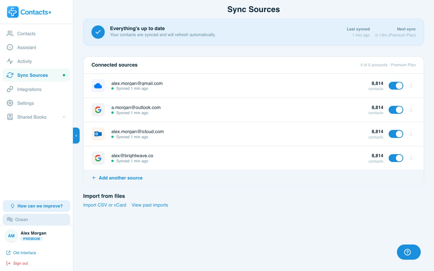 ContactsPlus Sync Sources screen on desktop