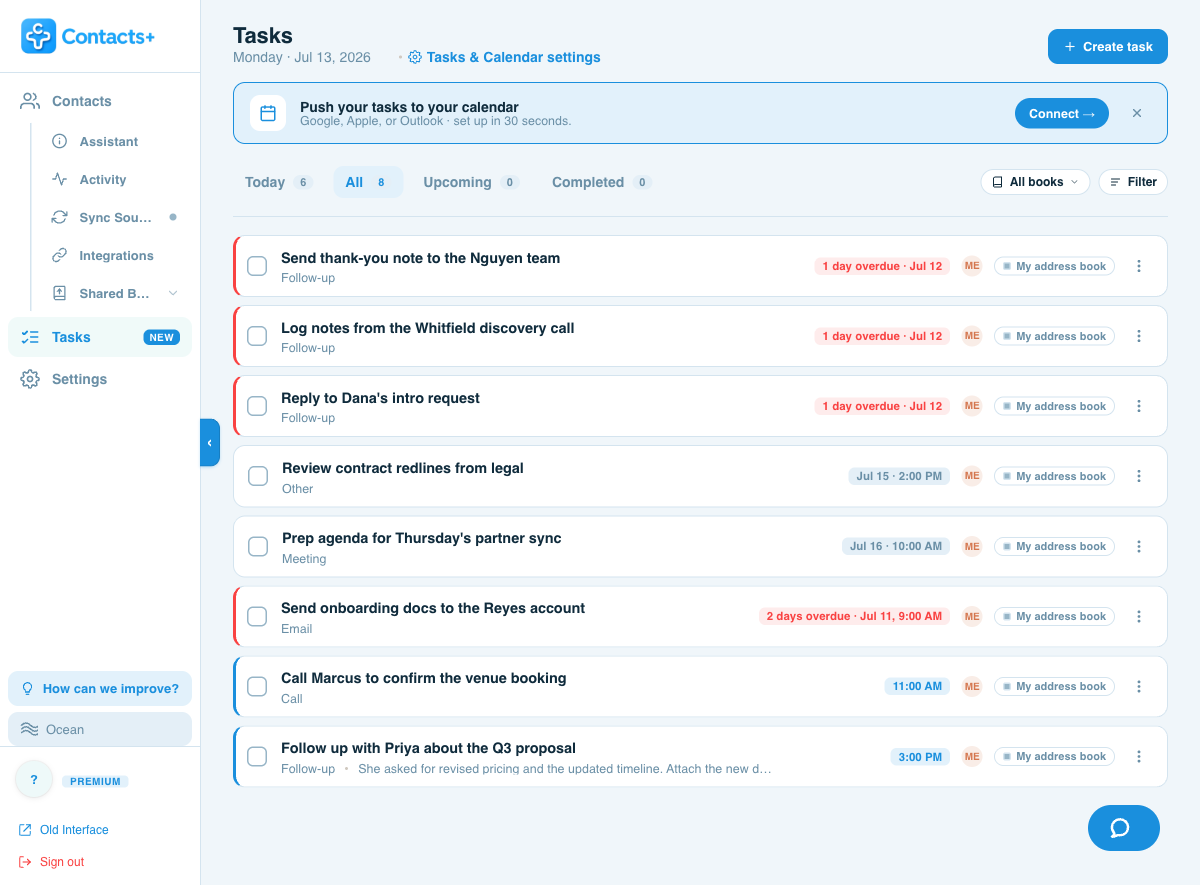 All view listing every open task with type badges and due pills.