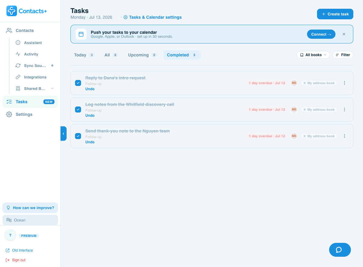 Completed view with checked, struck-through tasks and an Undo link.