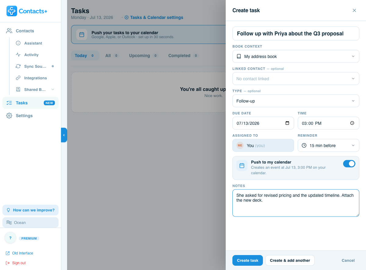 The Create task slide-over filled in: title, book context, type Follow-up, due date and time, assignee, reminder, an on-by-default Push to my calendar toggle, and notes.