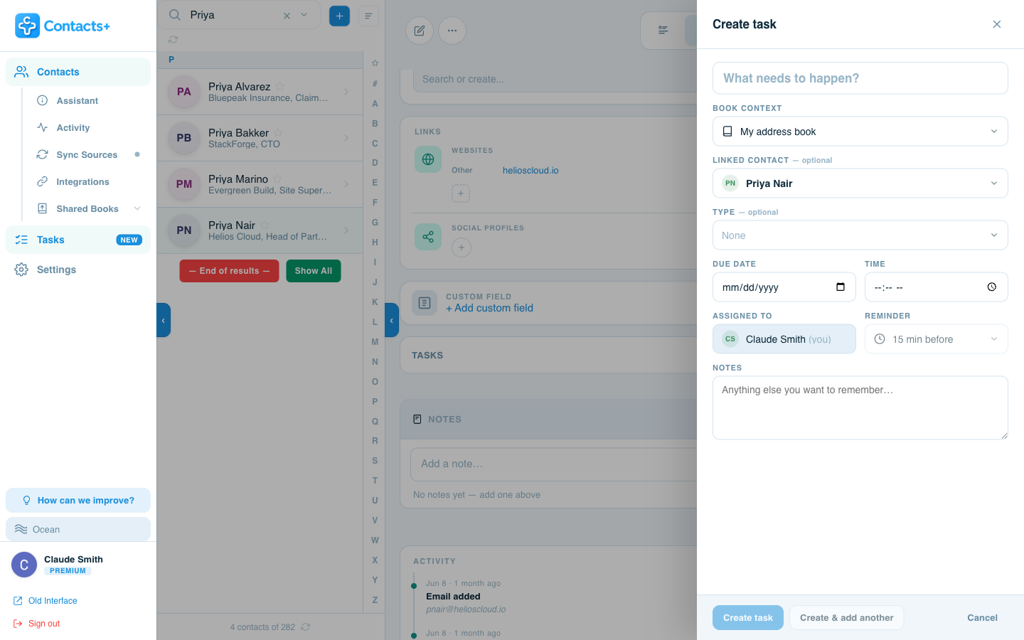 The Create task slide-over opened from Priya Nair's contact record, with the Linked contact field already set to Priya Nair.